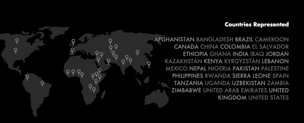 World map showing countries represented by One League's inaugural class: Afghanistan, Bangladesh, Brazil, Cameroon, Canada, China, Colombia, El Salvador, Ethiopia, Ghana, India, Iraq, Jordan, Kazakhstan, Kenya, Kyrgystan, Lebanon, Mexico, Nepal, Nigeria, Pakistan, Palestine, Philippines, Rwanda, Sierra Leone, Spain, Tanzania, Uganda, Uzbekistan, Zambia, Zimbabwe, United Arab Emirates, United Kingdom, United States