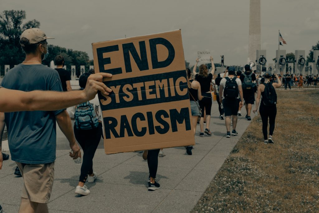 Marchers in Washington DC, one is holding a sign that says End Systemic Racism