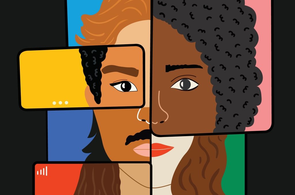 illustration of different overlapping screens showing different faces with different skin tones and features