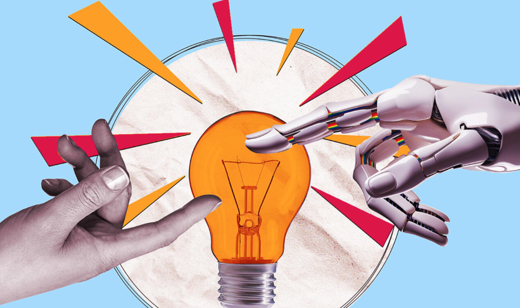 an illustration of a human hand reaching for a robot hand over a lit up light bulb